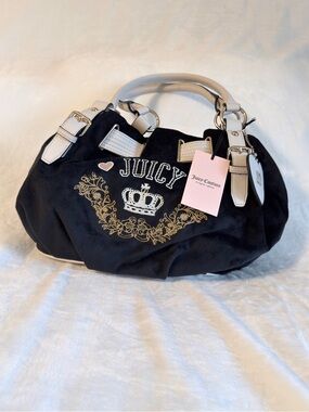 Juicy Couture Black Satchel with Cream Trim and Gold Crown Embroidery